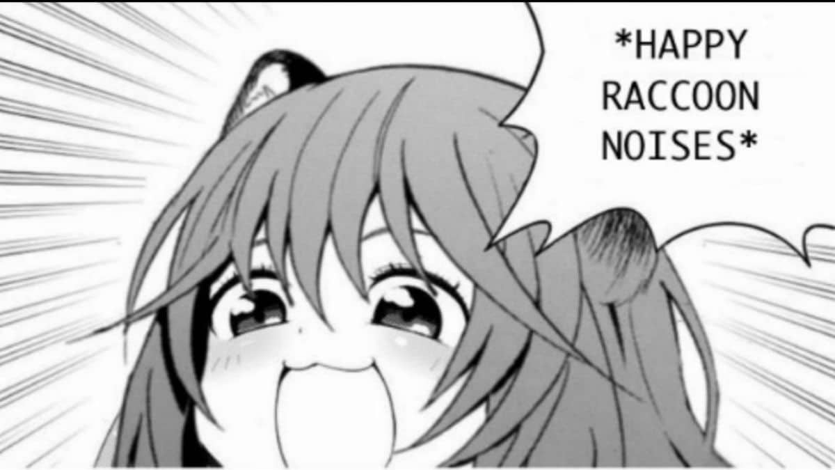 Artwork from The Rising Of The Shield Hero saying 'Happy raccoon noises'
