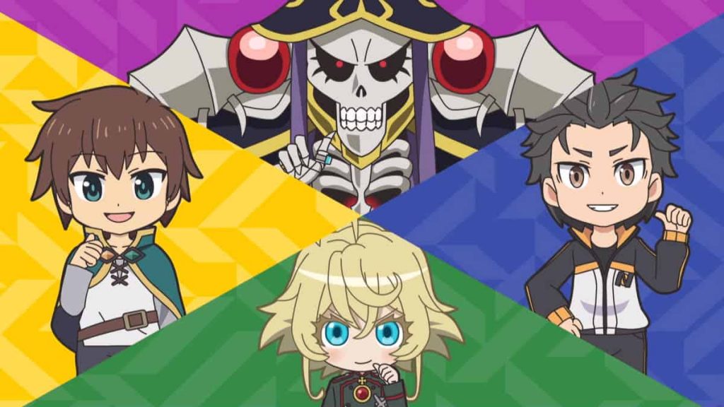 Isekai Quartet Season 3 artwork featuring characters from Cautious Hero, BOFURI, Plunderer, So I'm A Spider, So What?