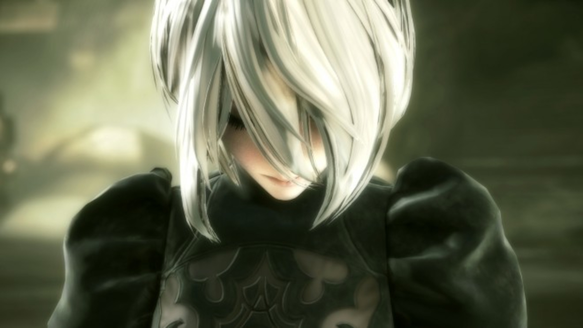 2B from NieR: Automata looking downwards in a scene from the game.