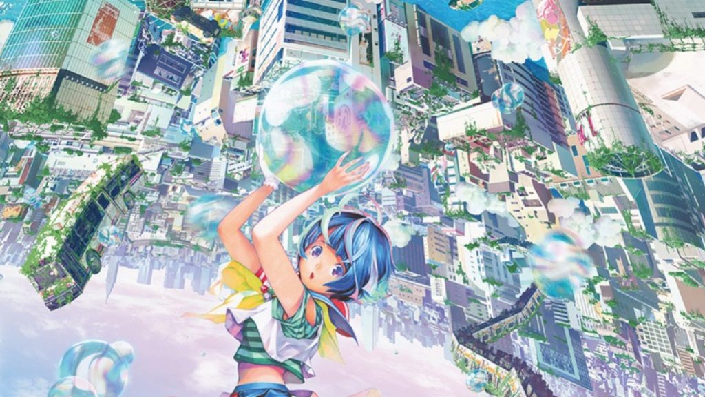A blue haired anime girl, holding a large bubble and floating upwards towards an abandoned Tokyo. 