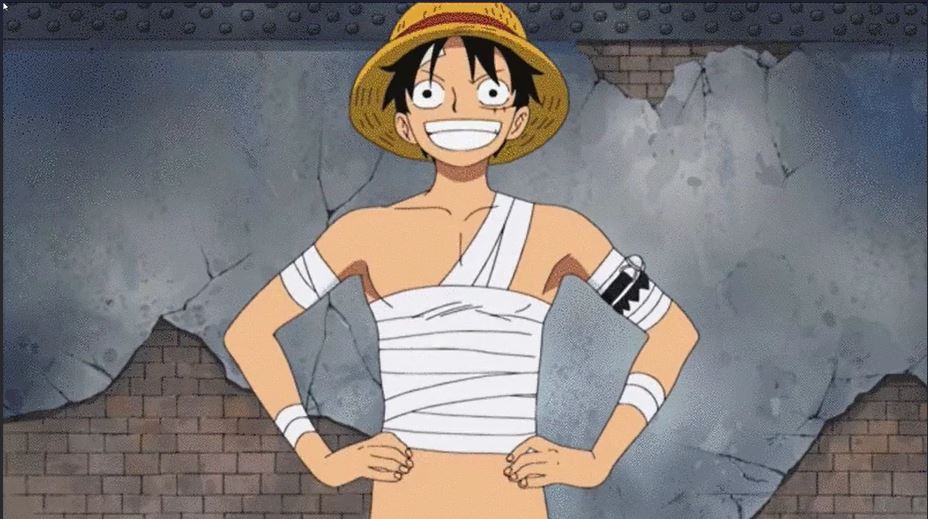 One Piece Luffy showing off his family jewels in the One Piece anime series.