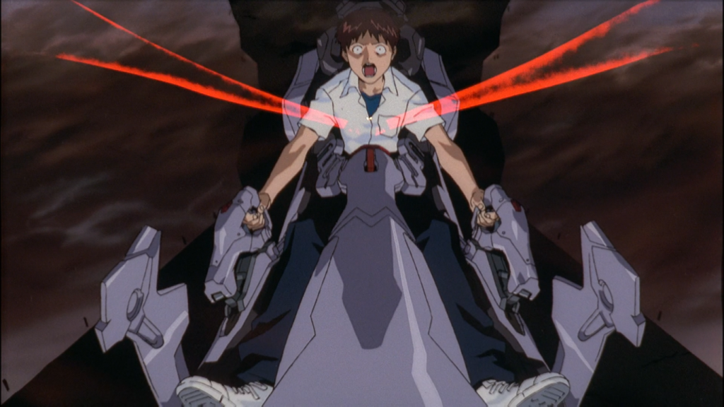 Neon Genesis Evangelion A battle scene with the main character of Neon Genesis going up against the monsters.