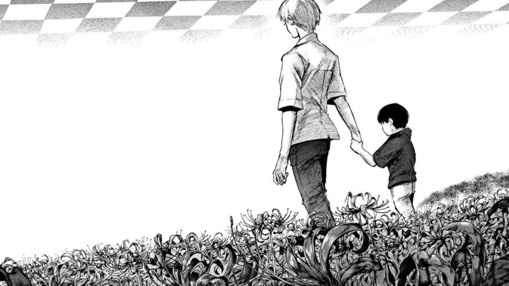 a black and white image of a man holding a small boy's hand in a field of flowers.