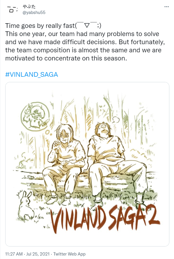 Director Shuuhei Yabuta tweets, "Time goes by really fast( ̄▽ ̄;)
This one year, our team had many problems to solve and we have made difficult decisions. But fortunately, the team composition is almost the same and we are motivated to concentrate on this season.
#VINLAND_SAGA"