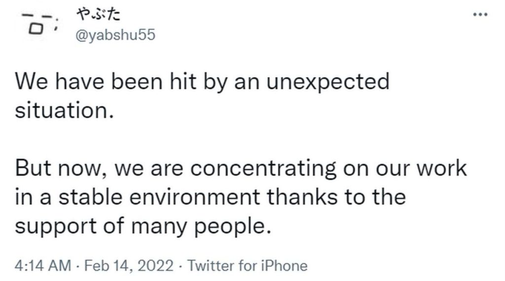 Director Shuuhei Yabuta tweets, "We have been hit by an unexpected situation. But now, we are concentrating on our work in a stable environment thanks to the support of many people."