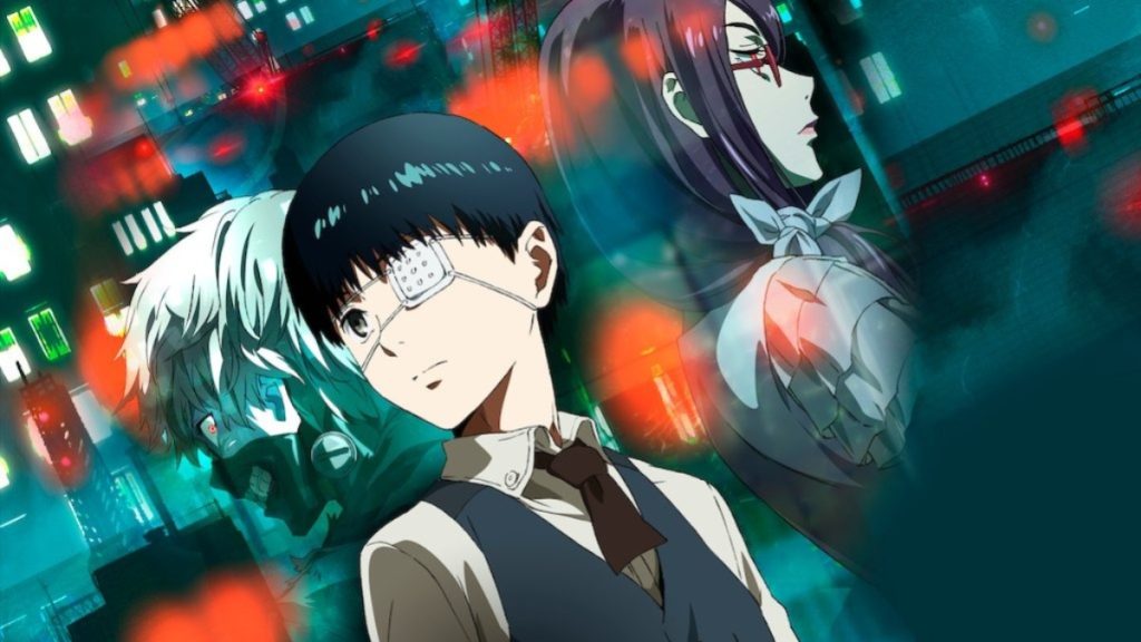 A human Ken Kaneki standing in front of his ghoul form, with a female ghoul standing beside them, looking away. 