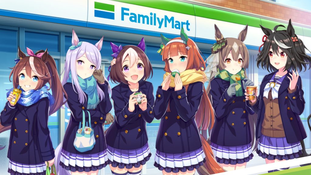 Six horse girls from Uma Musume chomping down on various snacks in front of Family Mart