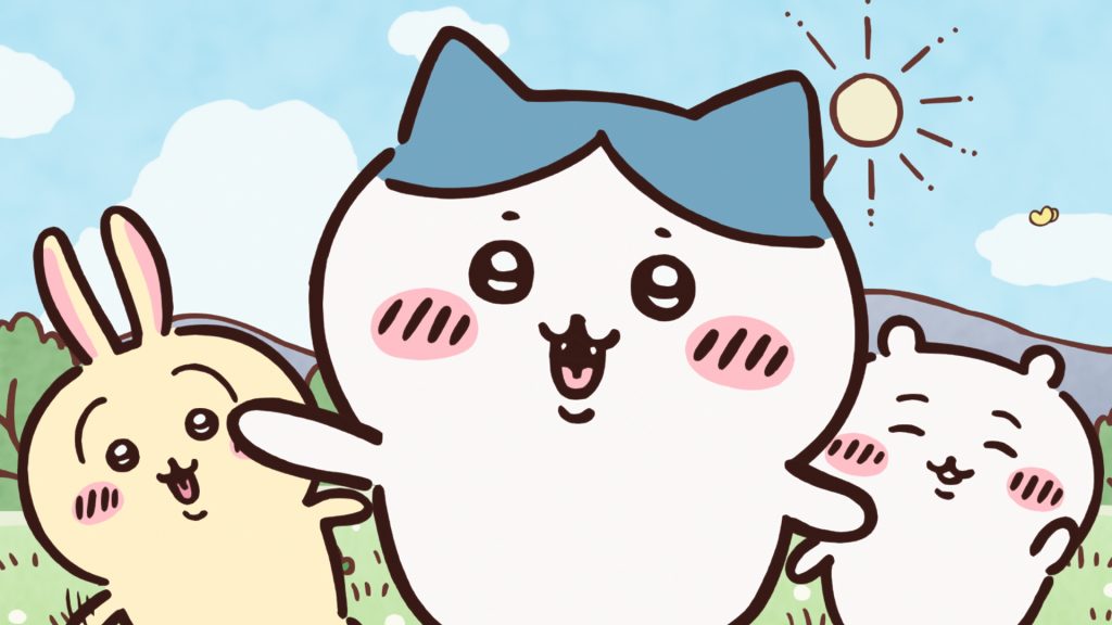 Three of Chiikawa's characters wave at the camera.