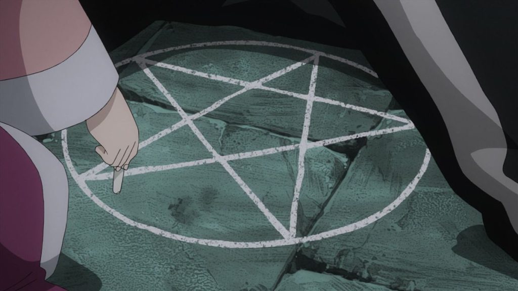 A scene from Fullmetal Alchemist: Brotherhood featuring an Alkahestry array.