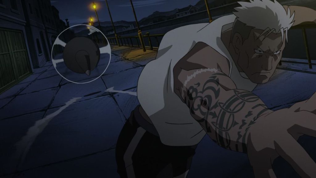 A scene from Fullmetal Alchemist: Brotherhood featuring Scar and his alchemically enhanced arm.
