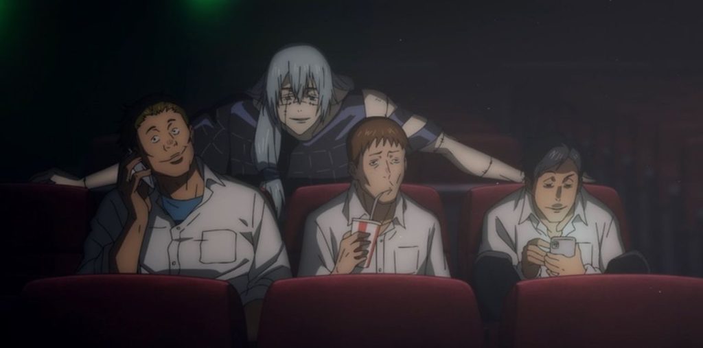 Mahito, a cursed spirit, looms above a group of three high schoolers carrying on in a cinema.