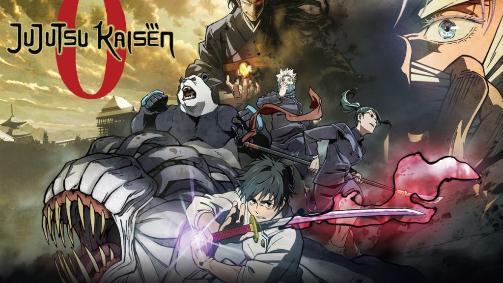 Theatrical cover for Jujutsu Kaisen 0 featuring Yuta Okkotsu, Rika Orimoto, Maki Zenin, Toge Inumaki, Panda, Satoru Gojo, and Suguru Geto.