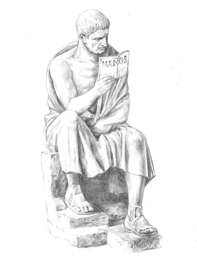 A pencil drawling of a Roman man reading a book titled, 'Manga'.