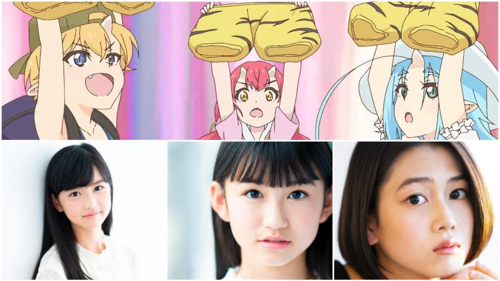 Three voice actresses from the anime Onipan! alongside the characters they play