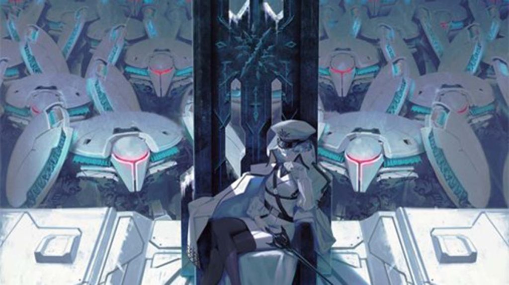 An alternate reality Weiss Schnee sits on a throne of ice with robots behind her.