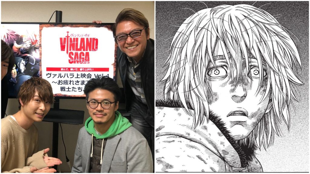 A group photo of the staff from the Vinland Saga anime production team alongside a sad photo of the character Thorfinn
