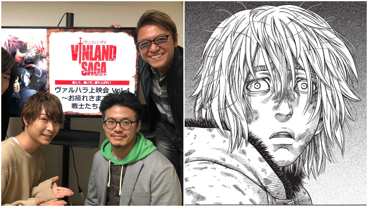 A group photo of the staff from the Vinland Saga anime production team alongside a sad photo of the character Thorfinn