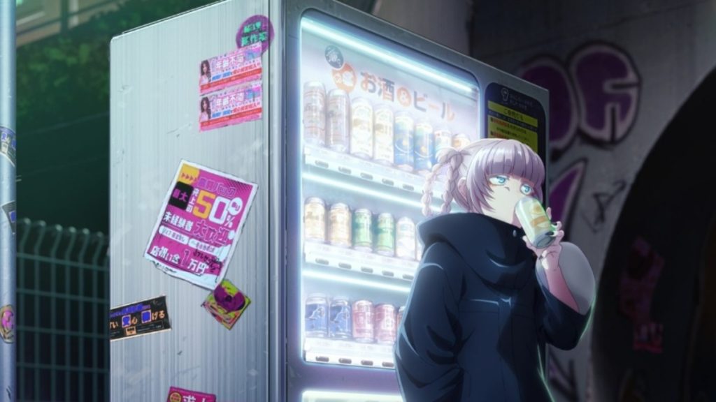 An anime girl with pink pigtails leans against a vending machine, sipping on a drink. 