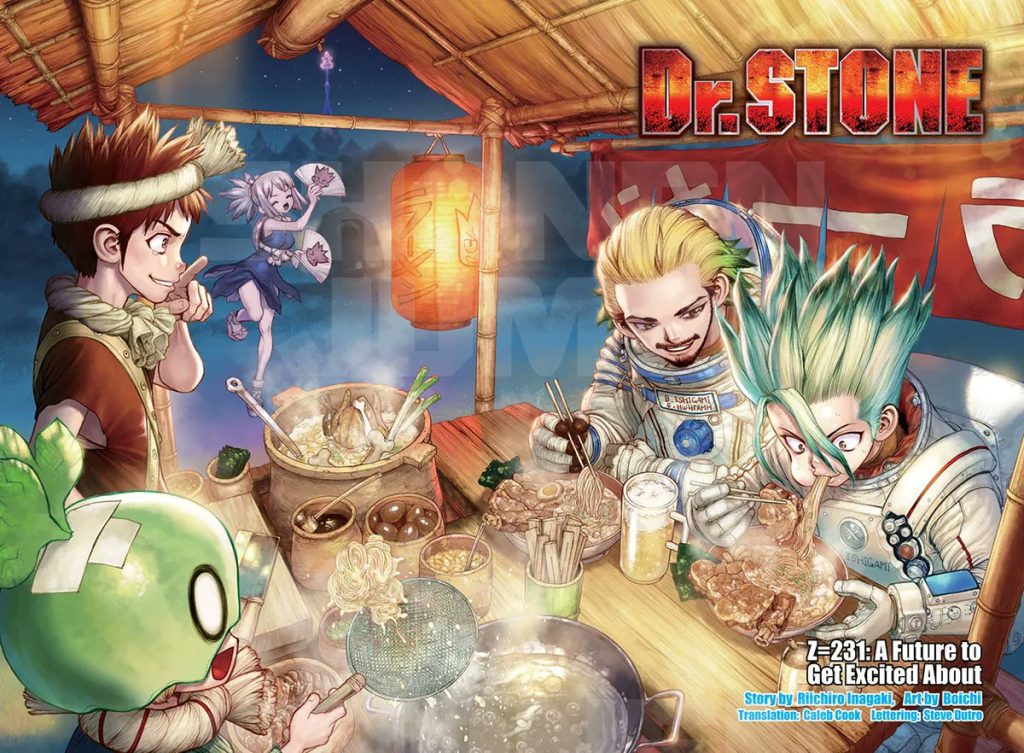 Senku from Dr. STONE chokes down a bowl of ramen happily.