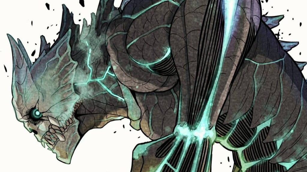 Kafka in his Kaiju No. 8 form glares menacingly at the camera.