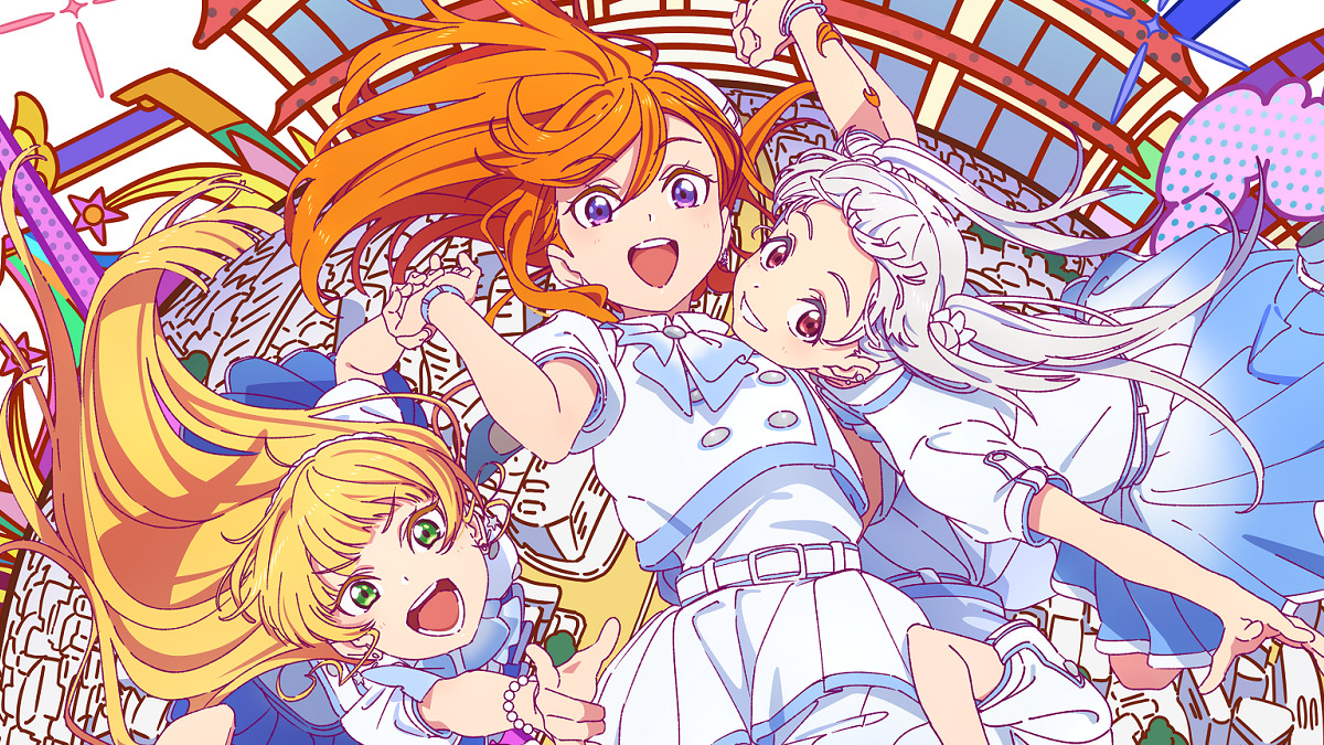 Kanon and her friends dance in front of a comic version of their school.