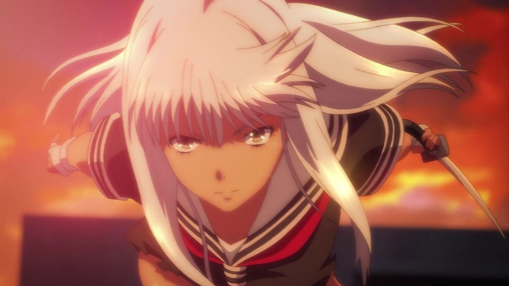 A scene from the Shin Ikki Tousen TV anime series where Asaemon Yamada lunges forth with her sword at hand.