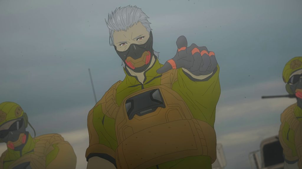 Colonel David from Black Rock Shooter: Dawn Fall stands in front of the troops and points ahead.