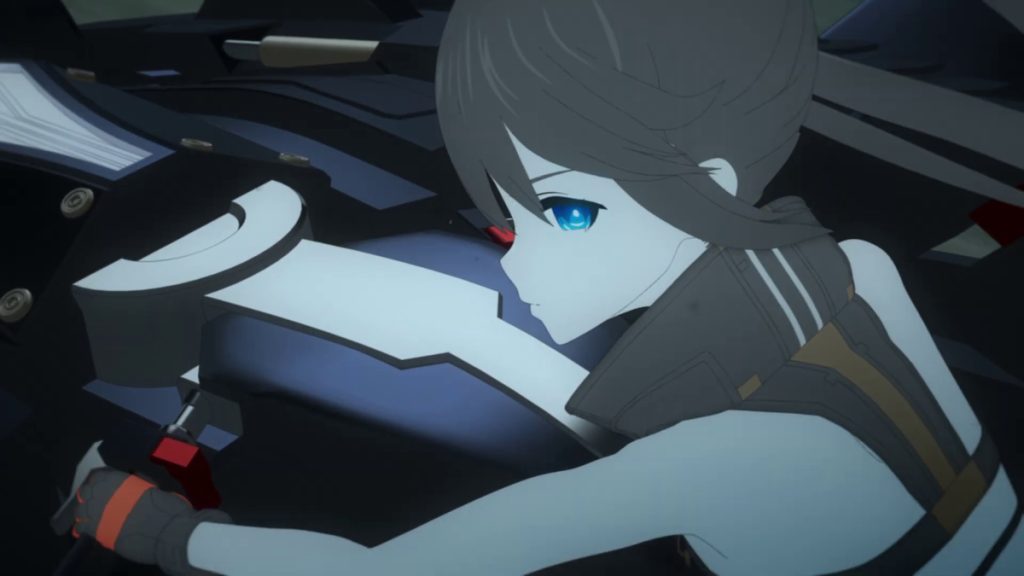 Empress riding the Black Trike from the Black Rock Shooter: Dawn Fall anime.