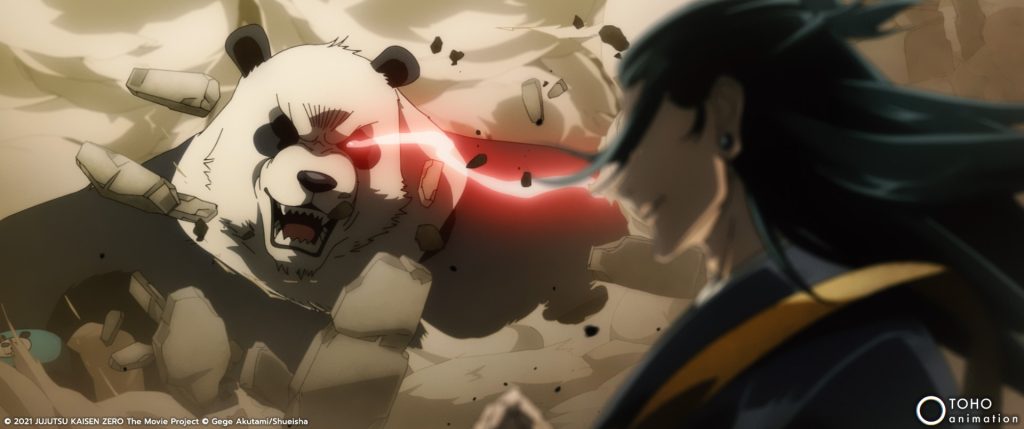 Promotional imagery for Jujutsu Kaisen 0 featuring Panda and Suguru Geto.