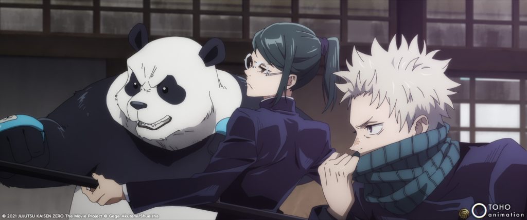 Promotional imagery for Jujutsu Kaisen 0 featuring Maki Zenin, Toge Inumaki, and Panda.