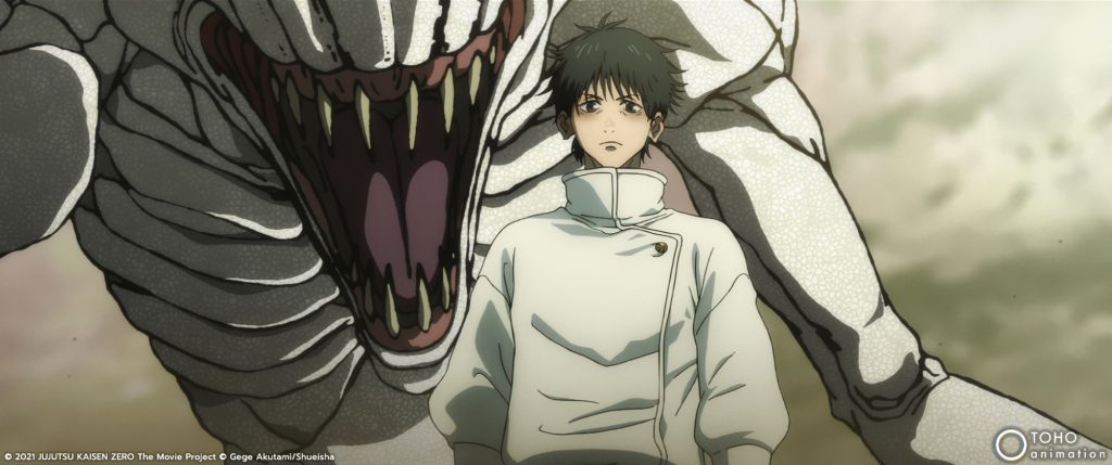 Promotional imagery for Jujutsu Kaisen 0 featuring Yuta Okkotsu and Orimoto Rika.