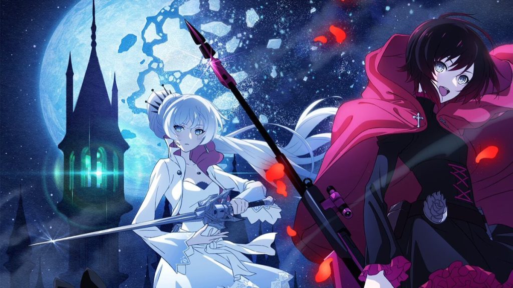 Ruby and Weiss stand all cool-like next to the towers at Beacon.