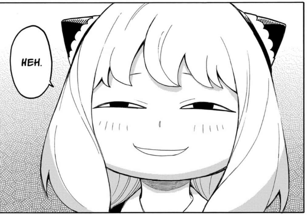 Panel from the Spy x Family manga featuring Anya Forger with a smug face saying, "Heh."