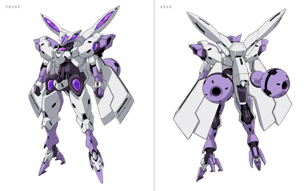 Front and rear mechanical design of Beguir-Beu from Mobile Suit Gundam: The Witch From Mercury.