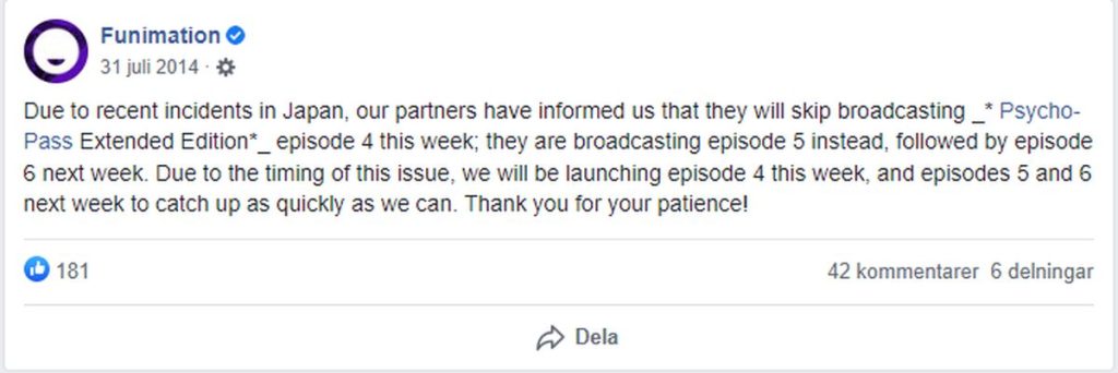 A Facebook post from Funimation explaining that episode 4 of Psycho Pass Extended Edition will not be broadcasted on TV.