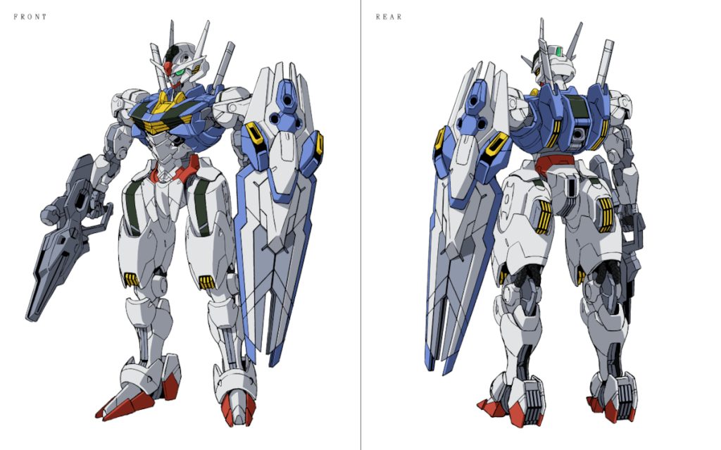 Front and rear mechanical design of Gundam Aerial from Mobile Suit Gundam: The Witch From Mercury.