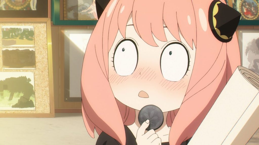 Frame from Spy x Family anime showing Anya Forger blushing.