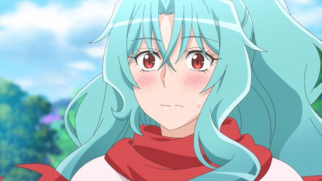 Tomoe blushing, a screenshot from the Tsukimichi English dub.