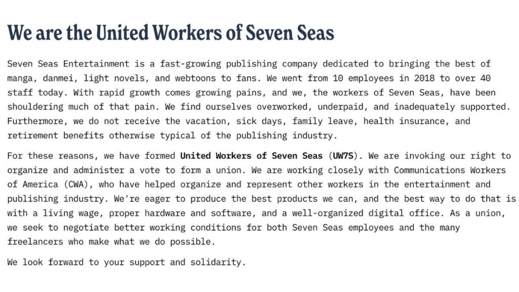 New statement by the United workers of seven seas