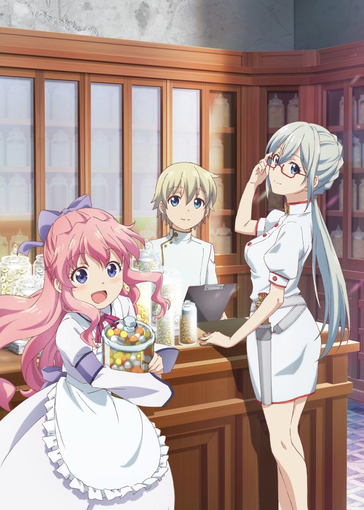anime boy and two anime girls standing by a counter