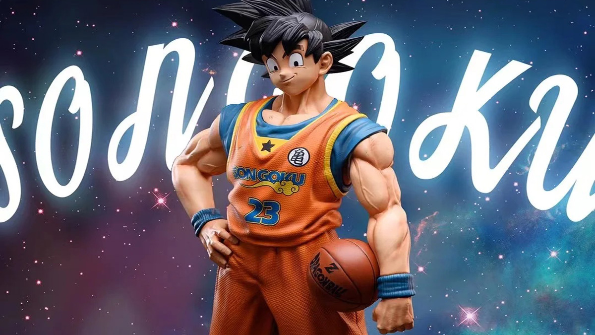 Figura Dragon Ball Goku com camisa de basquete, tênis Anta não precisa de um nimbo para ser como Air Jordan