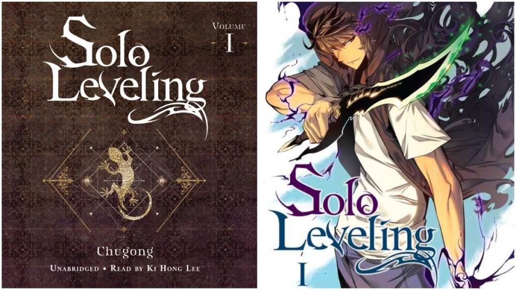 Cover of the Solo Leveling audiobook and manhwa.
