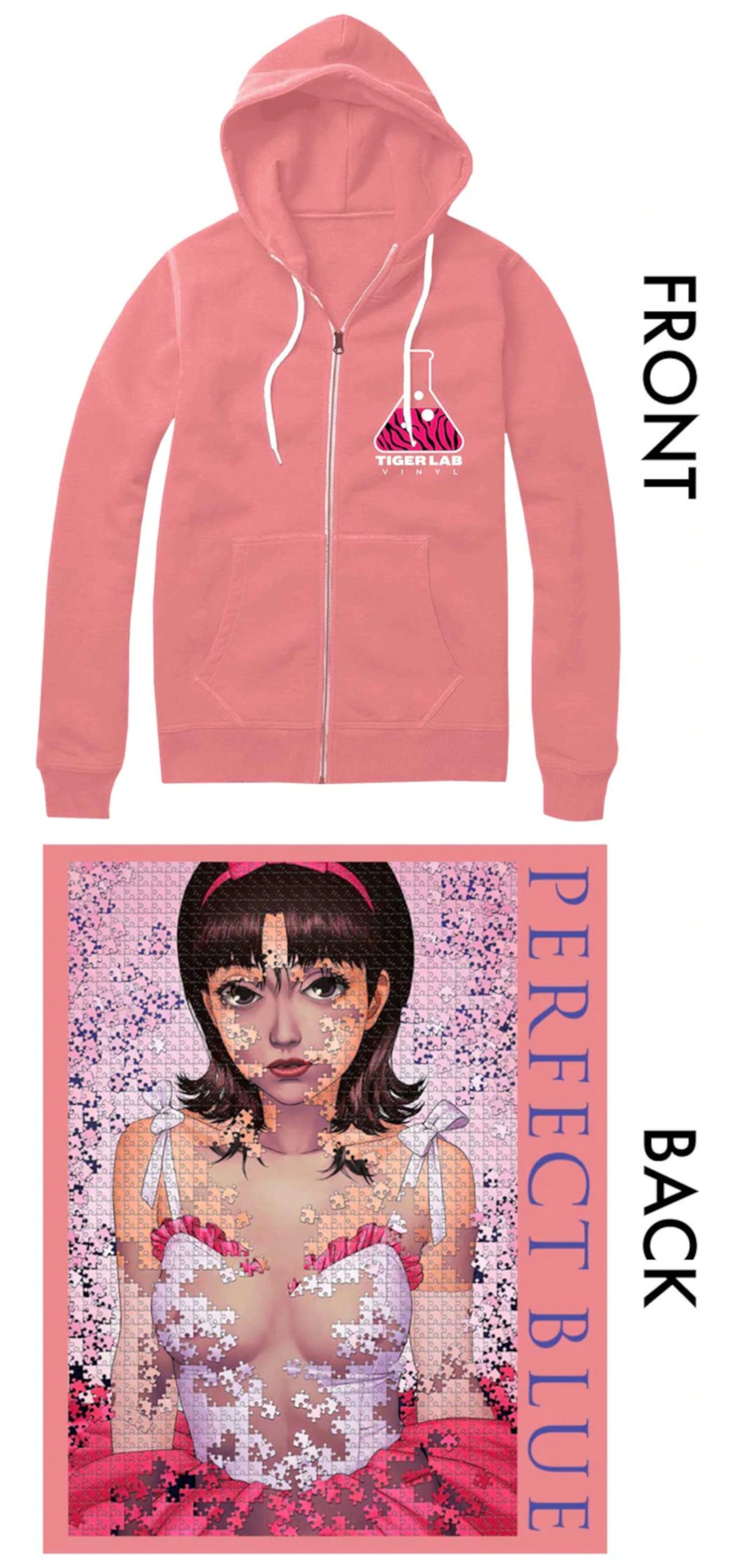 Tiger Lab Vinyl Zip-Up Hoodie with brand logo on the front and image of Mima Kirigoe on the back.
