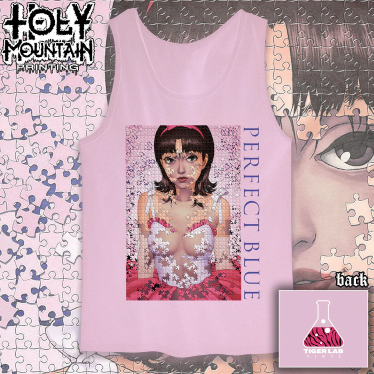 Tiger Lab Vinyl pink tank top with an image of Mimi Kirigoe on the front and brand logo on the back.