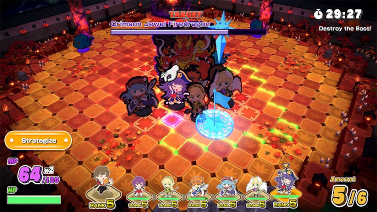 The party of heroes engaged in combat with the Crimson Jewel Firedragon in Adventure Academia: The Fractured Continent.