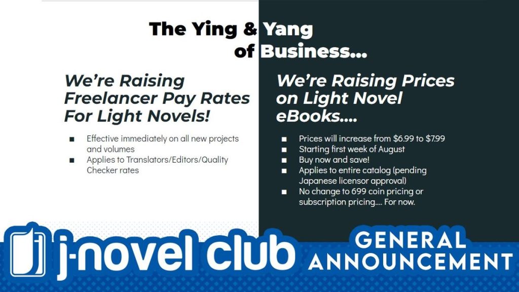 A message from J-Novel Club regarding increased eBook prices and higher freelancer salaries.