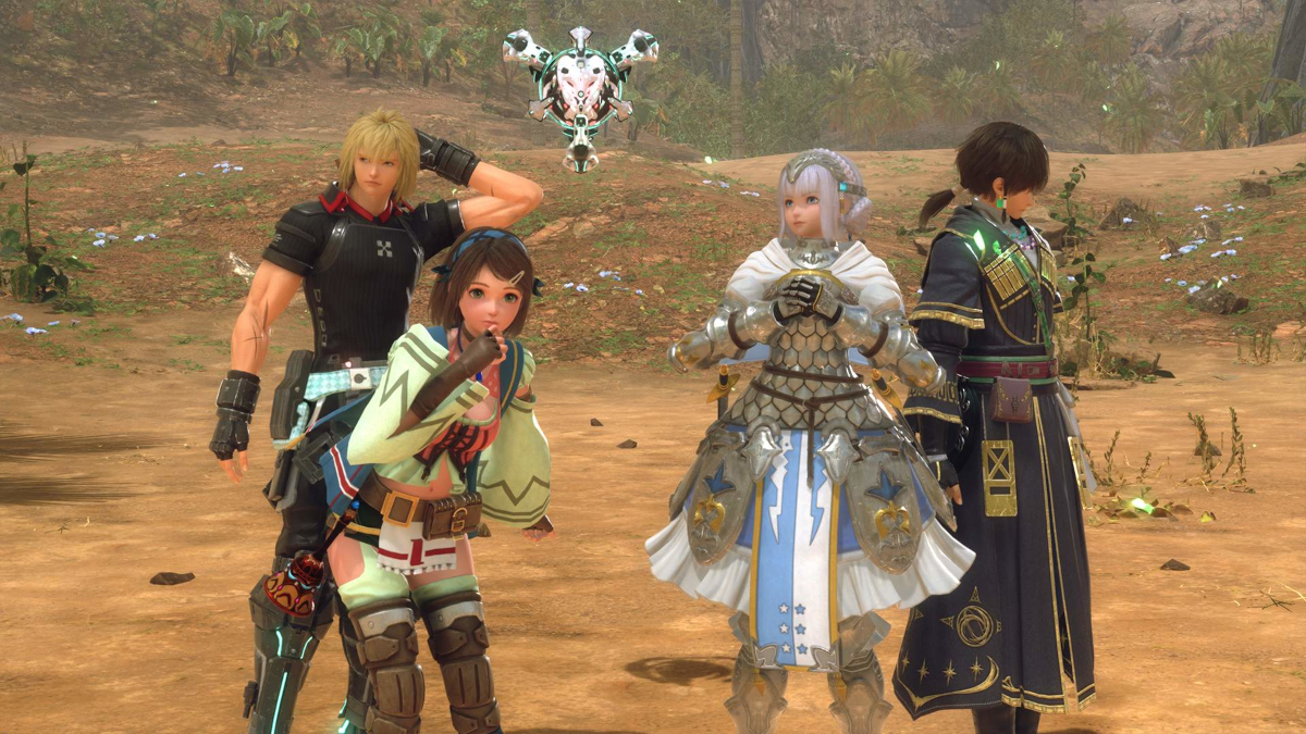 Raymond, Nina, D.U.M.A., Laeticia, and Albaird are standing in a field in STAR OCEAN THE DIVINE FORCE.