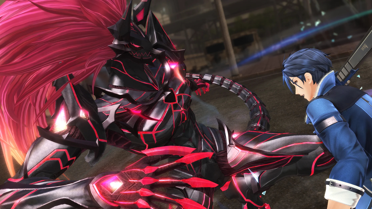 A battle scene between Grendel-Zolga and Van Arkride from The Legend of Heroes: Kuro no Kiseki II – CRIMSON SiN.