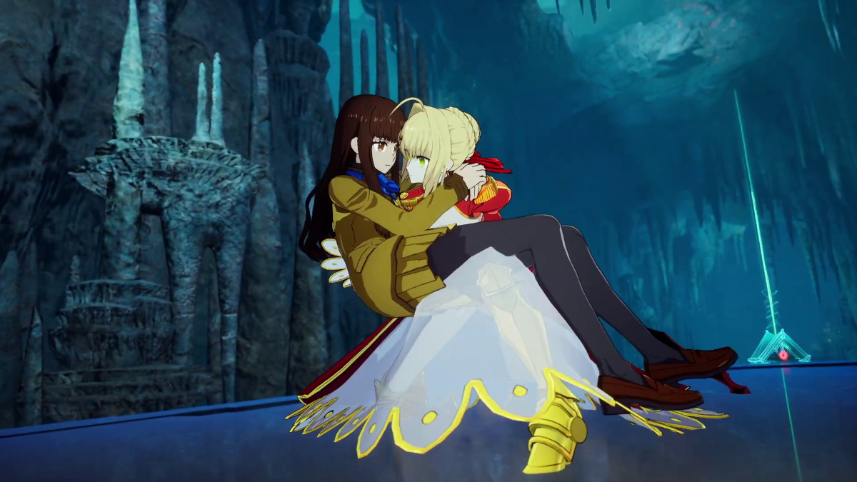 Saber saves Hakuno Kishinami inside a cavernous area in the latest Fate/EXTRA Record trailer.