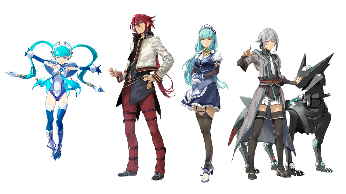 Character illustration of Mare, Aaron Wei, Risette Twinnings, and Quatre Salision.